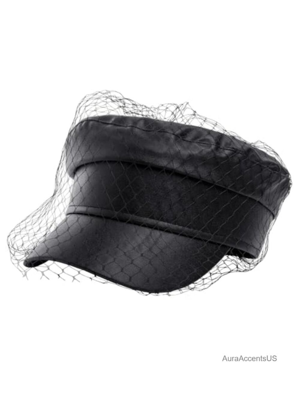 PU Leather Newsboy Cap with Veil Adjustable Fiddler Baker Boy Hat